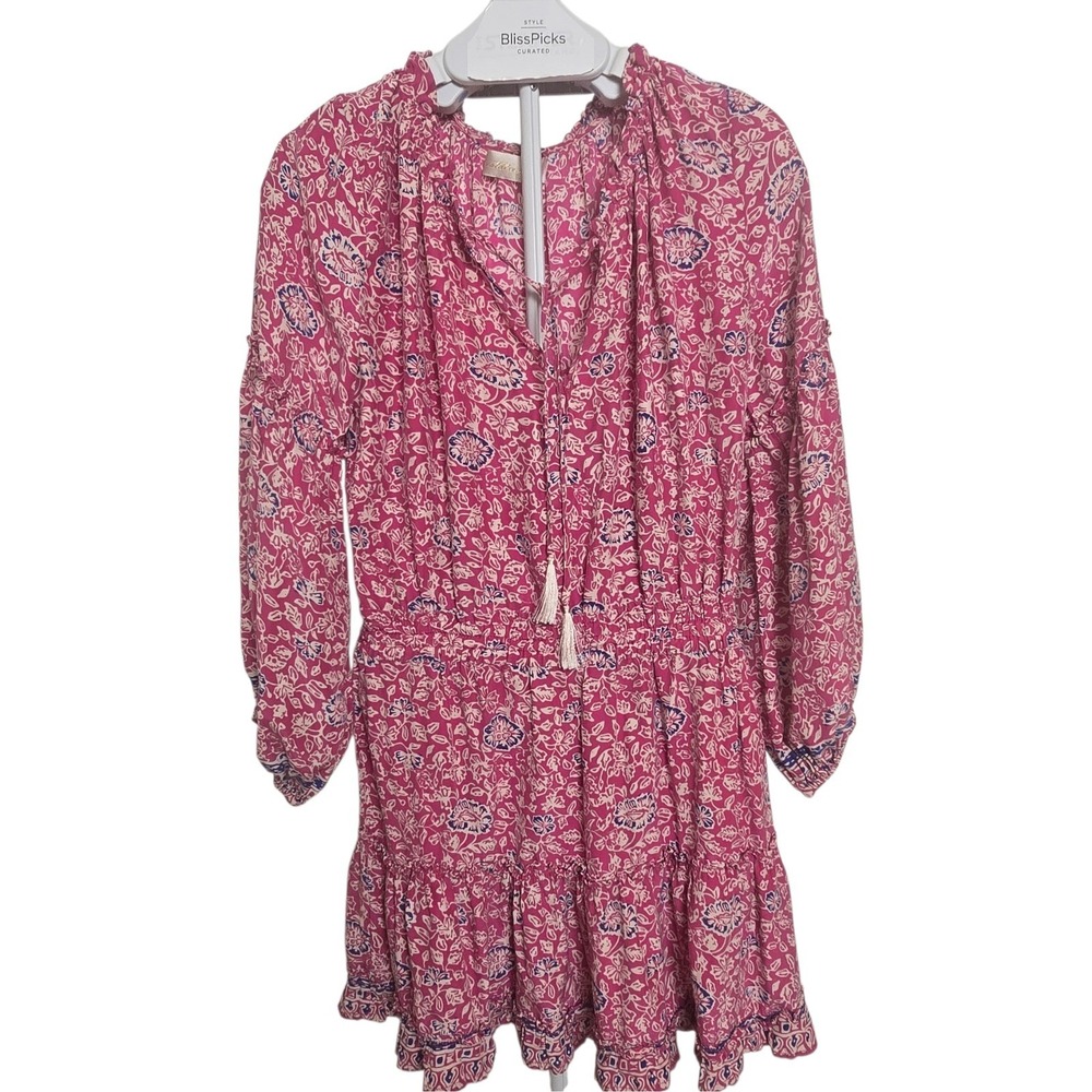 Natalie Martin Pink Floral Silk Mini Dress Smocked Waist Boho‎ Tassel M Women's